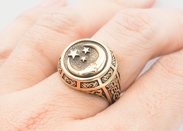 Moon and Stars Ring Celtic Ornament Talisman Boho Men's Women Fashion Brass Jewelry Size 6-15 BR-121