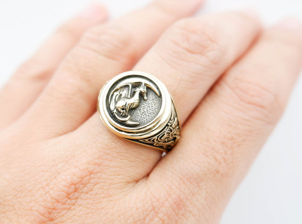 Dragon Ring for Men, Dragon on Moon Nordic Viking Brass Jewelry Size 6-15