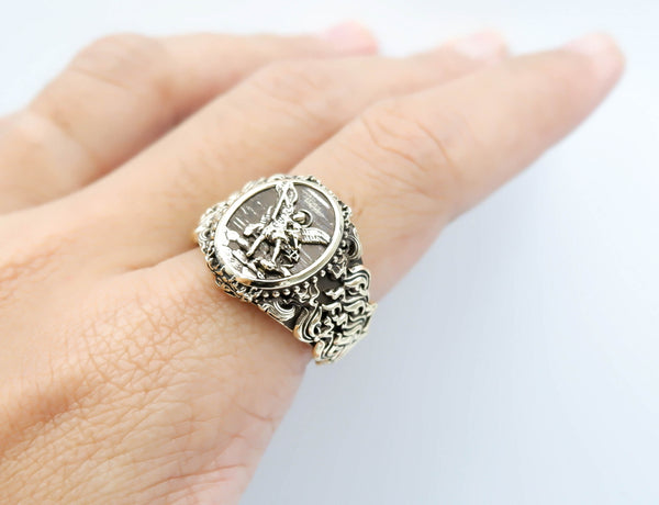 St. Michael The Great Protector Archangel Defeating Satan Amulet Ring Catholic Brass Jewelry Size 6-15