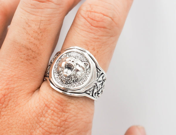 Men's Silver Bear Head Ring, Mens Bear Ring Animal Silver Jewelry 925 Sterling Silver Size 6-15