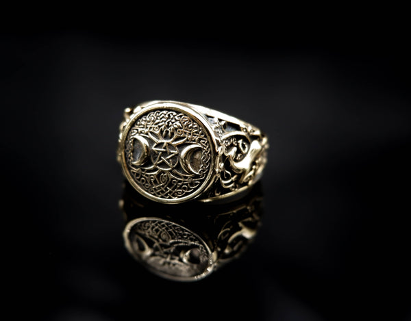 Triple Moon Pentacle Pentagram Ring with Tree of Life Wiccan Pagan Brass Jewelry Size 6-15 Br-37