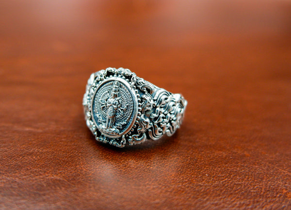 Kuan Yin Ring Chines Guan Yin Buddha Amulet Jewelry 925 Sterling Silver Size 6-15