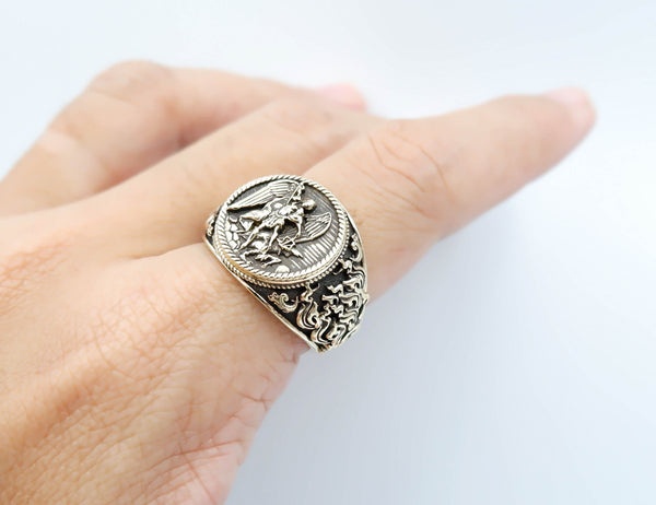 Angel Michael Ring for Men Punk Christian Knight Saint Michael Protect Brass Jewelry Size 6-15