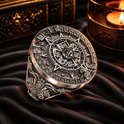 Mayan Ring, Silver Ring, Patterned Ring, Hand made, Mayan Calender Ring, 925 Sterling Silver Ring All Size Style Heavy Biker (R-13)