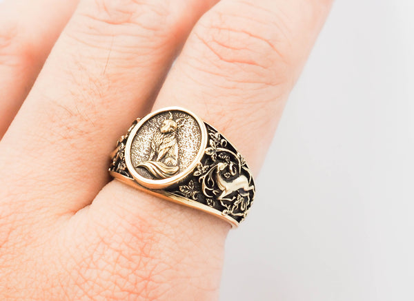 Men's Fox Ring Animal Brass Jewelry Size 6-15