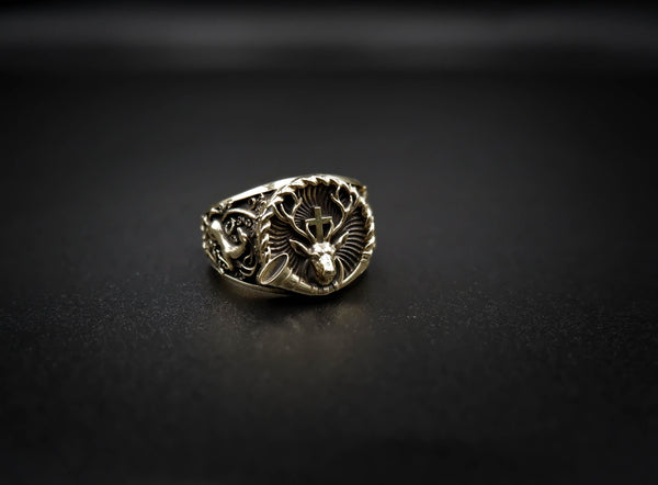 Deer with Cross Ring Christian St. Hubert Medal for Men Women Brass Jewelry Size 6-15 Br-359