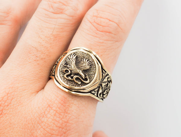 Men's Eagle Fighting Snake Ring, Mens Eagle and Snake Ring Animal Brass Jewelry Size 6-15