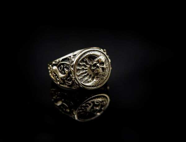 Skull in Crescent Moon and Sun Ring for Men Women Gothic Skull Biker Brass Jewelry Size 6-15 Br-363