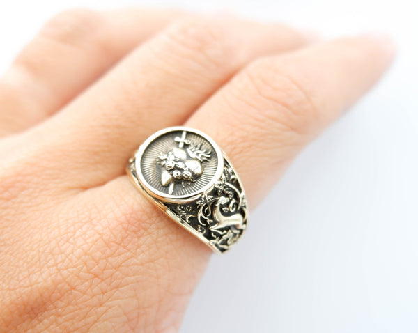 Sacred Heart Ring with Flower Sword for Men Woman Anniversary Brass Jewelry Size 6-15