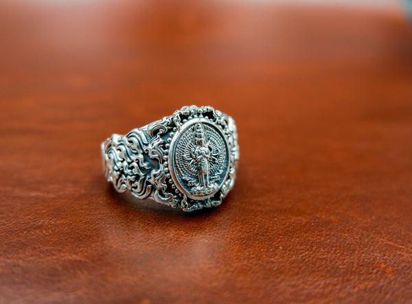 Kuan Yin Ring Chines Guan Yin Buddha Amulet Jewelry 925 Sterling Silver Size 6-15