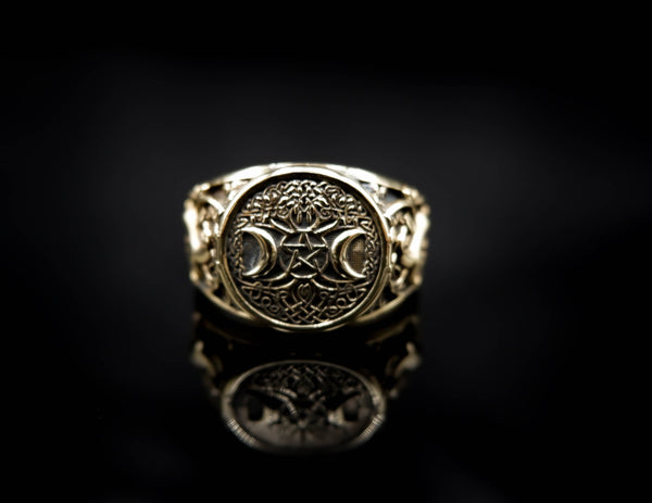 Triple Moon Pentacle Pentagram Ring with Tree of Life Wiccan Pagan Brass Jewelry Size 6-15 Br-37