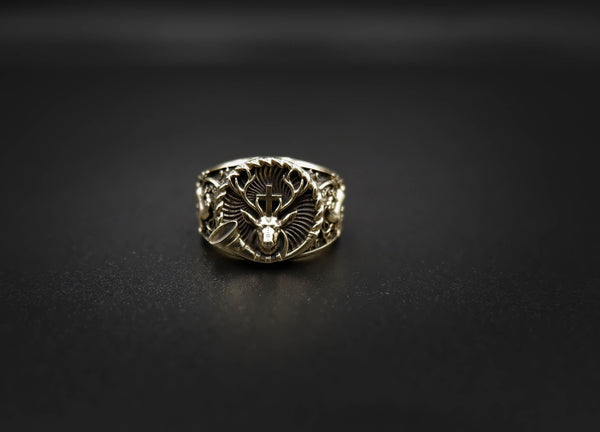 Deer with Cross Ring Christian St. Hubert Medal for Men Women Brass Jewelry Size 6-15 Br-359