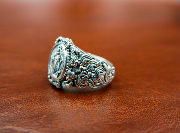 Kuan Yin Ring Chines Guan Yin Buddha Amulet Jewelry 925 Sterling Silver Size 6-15