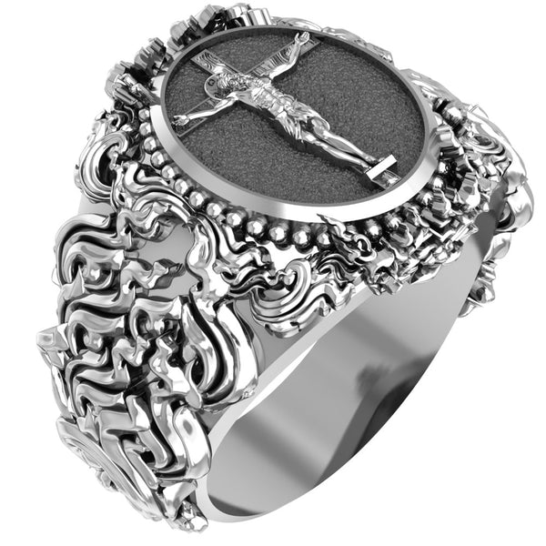 Jesus on the Cross Ring Catholic Protection Christian Jewelry 925 Sterling Silver Size 6-15