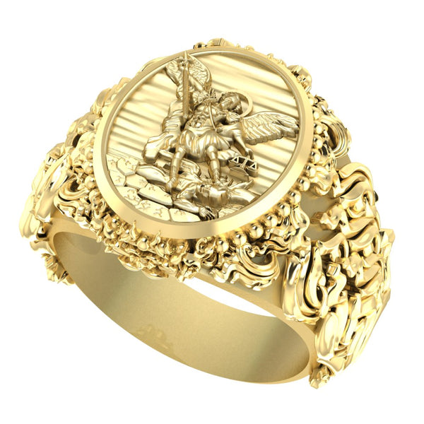 St. Michael The Great Protector Archangel Defeating Satan Amulet Ring Catholic Brass Jewelry Size 6-15