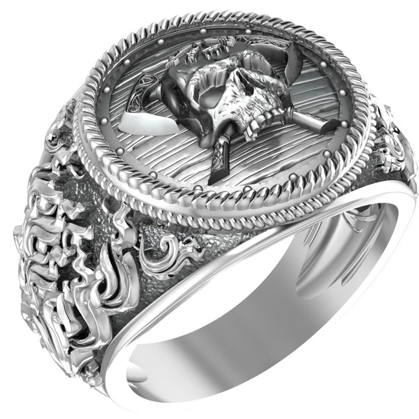 Vegvisir on Viking Skull Ring Norse Gothic Compass Jewelry 925 Sterling Silver