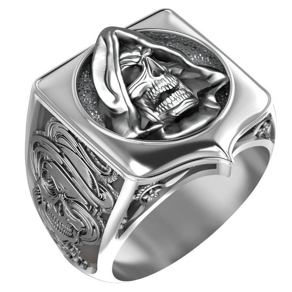 Hooded Skull Ring Gothic Men Death Santa Muerte for Men Women Jewelry 925 Sterling Silver