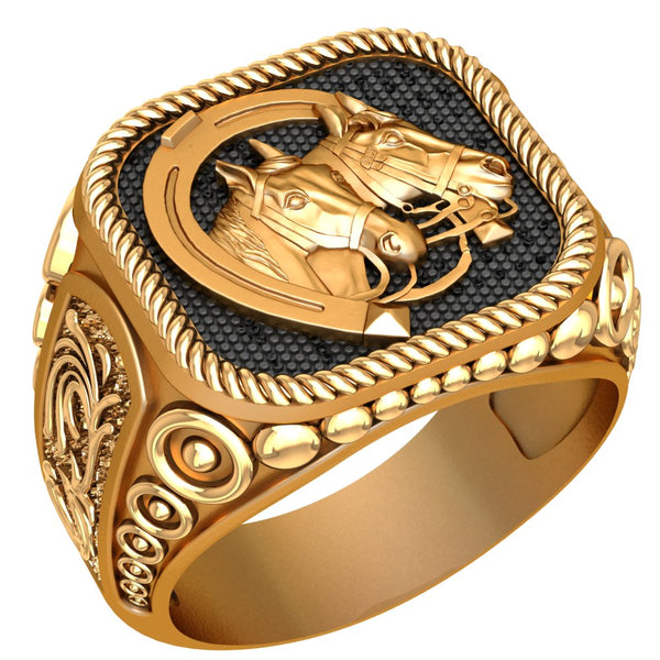 Men's Horse with Horseshoe Ring, Mens Horse Ring Animal Brass Jewelry Size 6-15