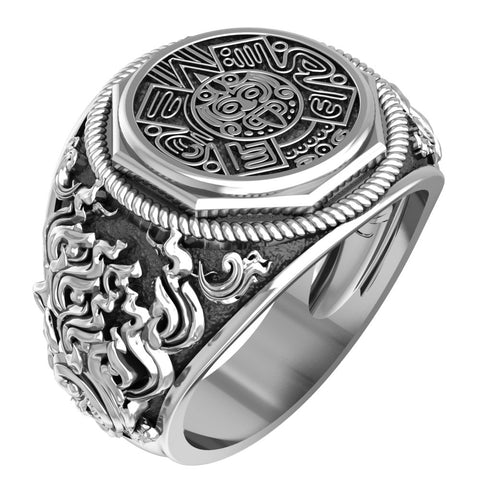 Mayan Calendar Ring Mexican Aztec Amulet Protection Jewelry 925 Sterling Silver Size 6-15