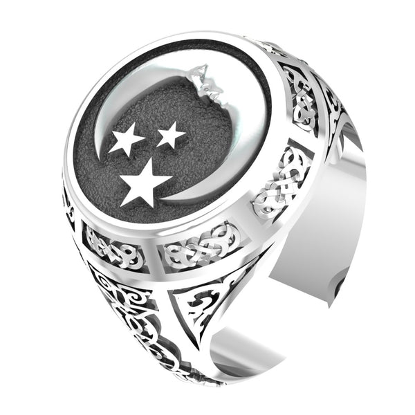 Moon and Stars Ring Celtic Ornament Talisman Boho Men's Women Fashion Jewelry 925 Sterling Silver Size 6-15
