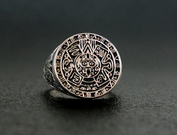 Aztec Calendar Mayan Sun Ring Mexico Men's Ring 925 Sterling Silver Size 6-15