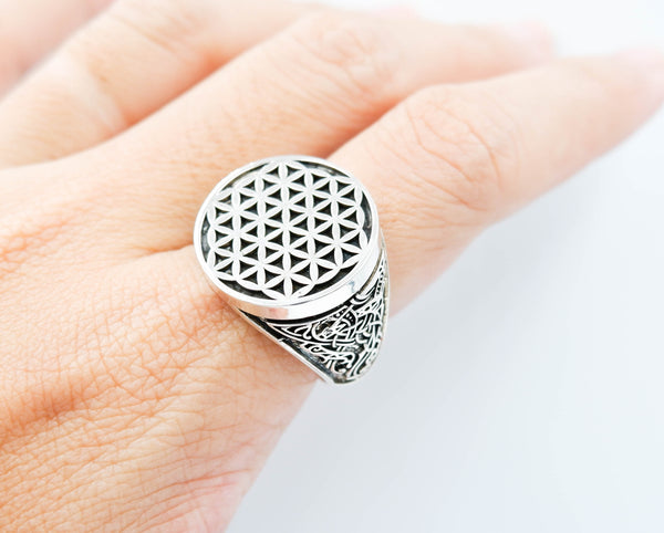 925 Sterling Silver Flower of Life Ring Boho Mens Size 6-15