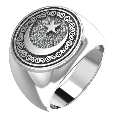 Moon and Star Signet Rings, Muslim Allah Islam Ring Gift for Him 925 Sterling Silver Size 6-15