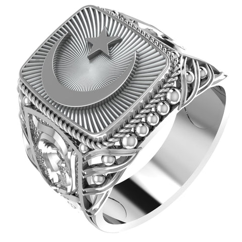 Islamic Crescent Ring, Moon and Star Signet Rings Gift for Him 925 Sterling Silver Size 6-15