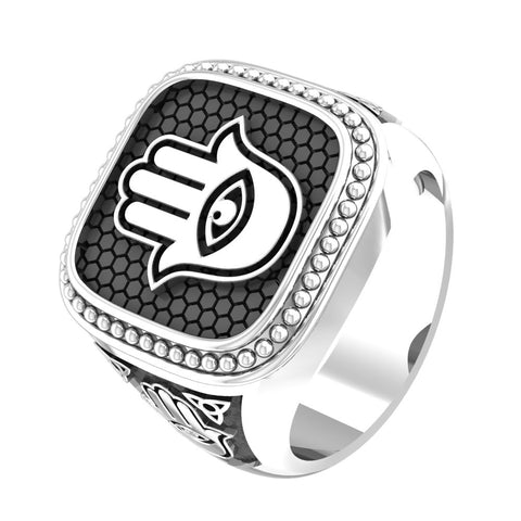 Hamsa Hand of Fatima Eyes of Horus Evil Eye Protection Ring 925 Sterling Silver Size 6-15