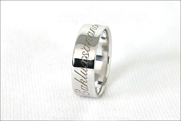 Engraved Ring - Ring 6 mm wide. 925 Sterling Silver with White Gold Plate 3-5 micron Stamped Ring, Personalized Ring (WG-2)