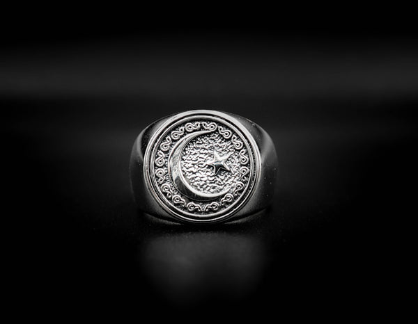Moon and Star Signet Rings, Muslim Allah Islam Ring Gift for Him 925 Sterling Silver Size 6-15