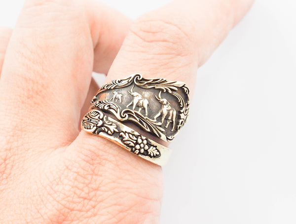 Adjustable Elephant Ring Vintage Spoon style for Mens Women Brass Jewelry Size 6-15 BR-109