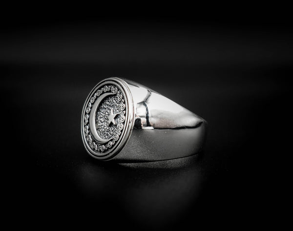 Moon and Star Signet Rings, Muslim Allah Islam Ring Gift for Him 925 Sterling Silver Size 6-15