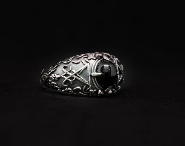Men Sigil of Lucifer Seal of Satan Devil Demon Ring, Onyx Lucifer Ring 925 Sterling Silver Size 6-15