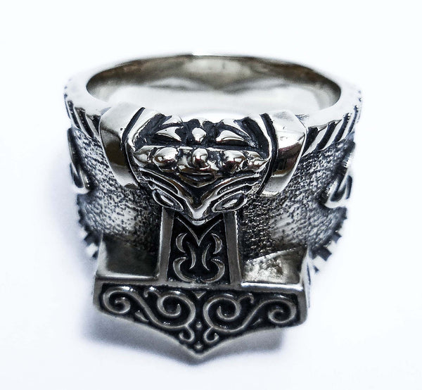 Mjölnir Thor's Hammer Signet Ring Norse Viking Thunder God Asatru Ring in 925 Sterling Silver Size 8-12 (R- 61)