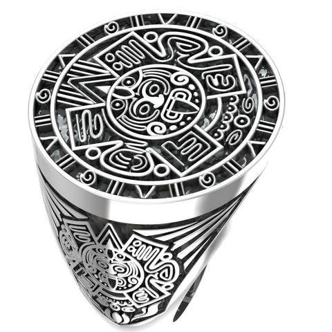 Aztec Calendar Mayan Sun Ring Mexico Men's Ring 925 Sterling Silver Size 6-15