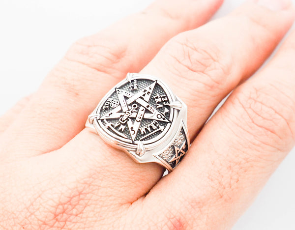 925 Sterling Silver Tetragrammaton Pentagram Star Ring