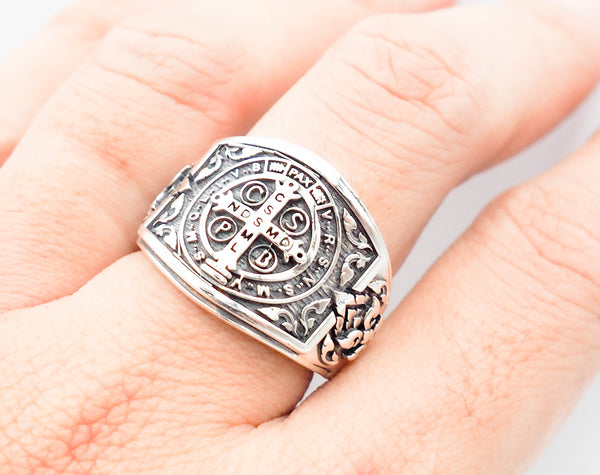 Men's St Benedict Exorcism Ring Cross Gift for Him 925 Sterling Silver Size 6-15
