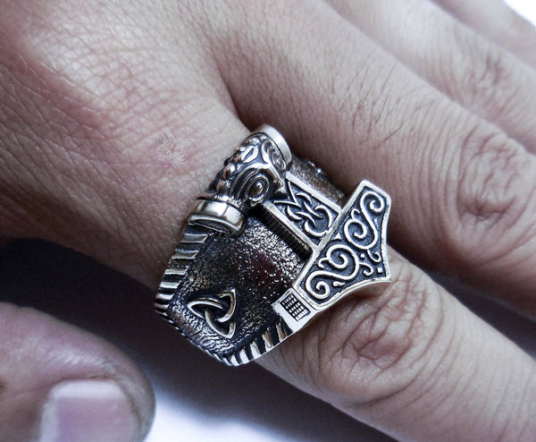 Mjölnir Thor's Hammer Signet Ring Norse Viking Thunder God Asatru Ring in 925 Sterling Silver Size 8-12 (R- 61)