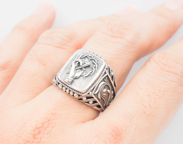 Hand of Jesus Ring for Men Catholic Christian Jewelry 925 Sterling Silver Size 6-15