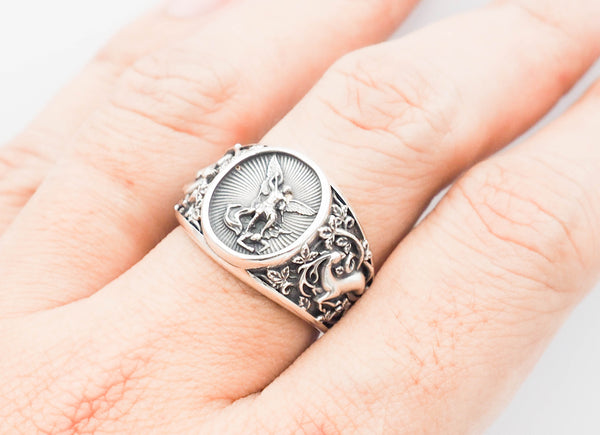 Saint Michael Ring, Saint Christopher Catholic Medal Great Protector Archangel Defeating Satan Figurine Amulet Rings for Men 925 Sterling Silver Size 6-15
