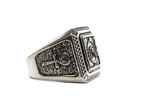 Men Egyptian Eye of Horus Ankh Cross Ring 925 Sterling silver Size 8-15 (R-49)