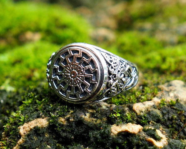 Black Sun Ring, Viking Ring Pagan Scandinavian Norse Viking Jewelry 925 Sterling Silver Size 6-15