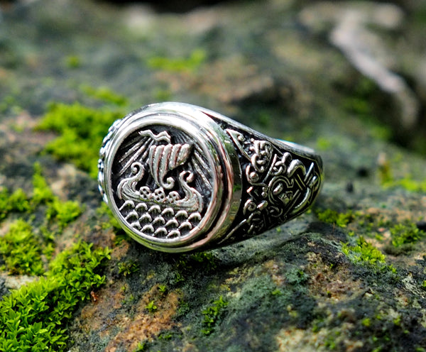 Viking Ship Ring, Drakkar Ring, Scandinavian Norse Viking Jewelry 925 Sterling Silver Size 6-15