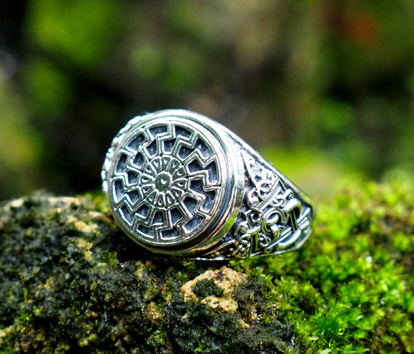 Black Sun Ring, Viking Ring Pagan Scandinavian Norse Viking Jewelry 925 Sterling Silver Size 6-15
