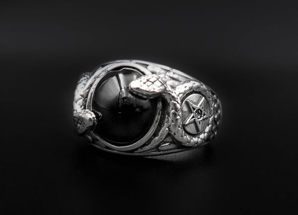 Onyx Church of Satan Sigil of Baphomet Ring, Onyx Snake Ring 925 Sterling Silver Size 6-15