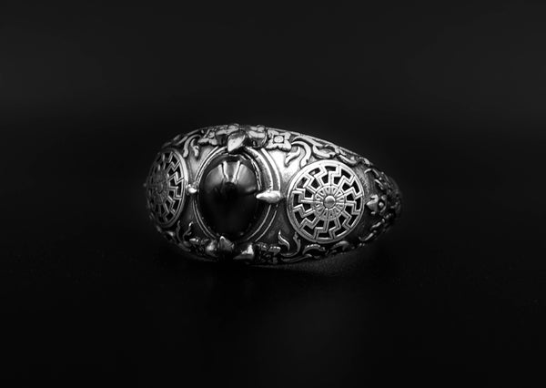 Onyx Black Sun Ring, Black Engine Sun Onyx Ring 925 Sterling Silver Size 6-15