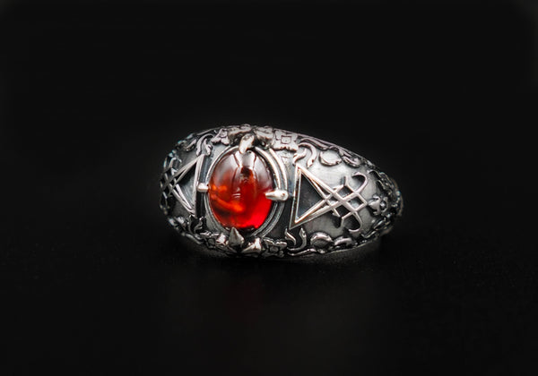 Men Sigil of Lucifer Seal of Satan Devil Demon Ring, Garnet Lucifer Ring 925 Sterling Silver Size 6-15