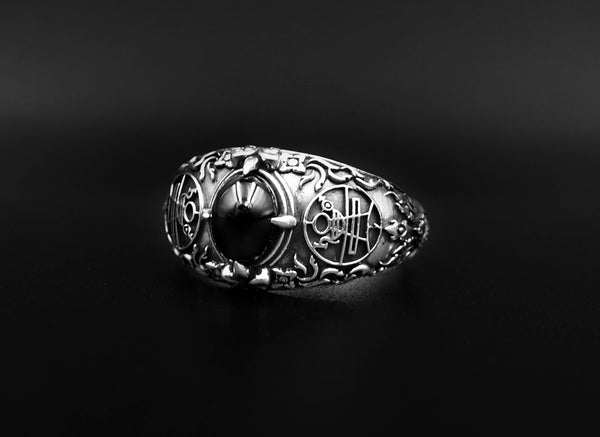 Onyx Key of Solomon Goetia Sigil Mens Ring, Solomon Ring 925 Sterling Silver Size 6-15