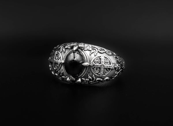 Onyx Men's St Benedict Exorcism Ring Cross Demon Protection Ring 925 Sterling Silver Size 6-15